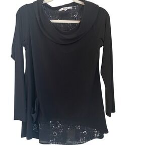 Sympli Tunic Womens Size 8 Black Stretch Jersey Layered Cowl Neck Long Sleeve